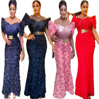 New african dresses for woman Mesh 3D embroidery Africa dress rhinestone sequin belt elegant evening dresses for women luxury