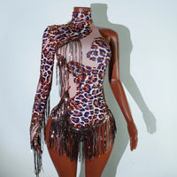 NEW womens bodysuit Sexy Leopard sequin tassels High Collar Bodycon team performance pole dance drag queen outfit singer stage