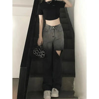 Ripped Jeans for Women Summer Design Niche High Waist Straight Pants Small Wide-leg Pants Retro Floor Trousers Trousers