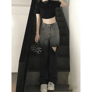 Ripped Jeans for Women Summer Design Niche High Waist Straight Pants Small Wide-leg Pants Retro Floor Trousers Trousers