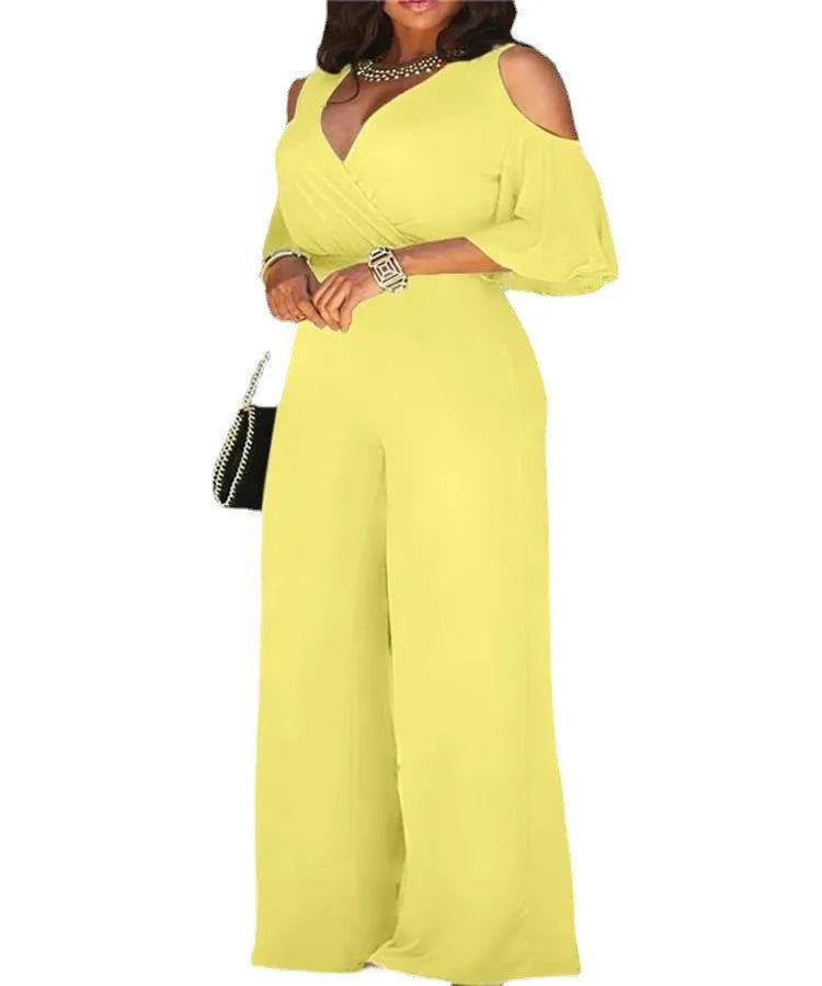2023 Spring And Autumn Women Jumpsuit Hollowed Out Strapless Solid Color Women Jumpsuit V-neck High Waist Belt Wide-leg Pant