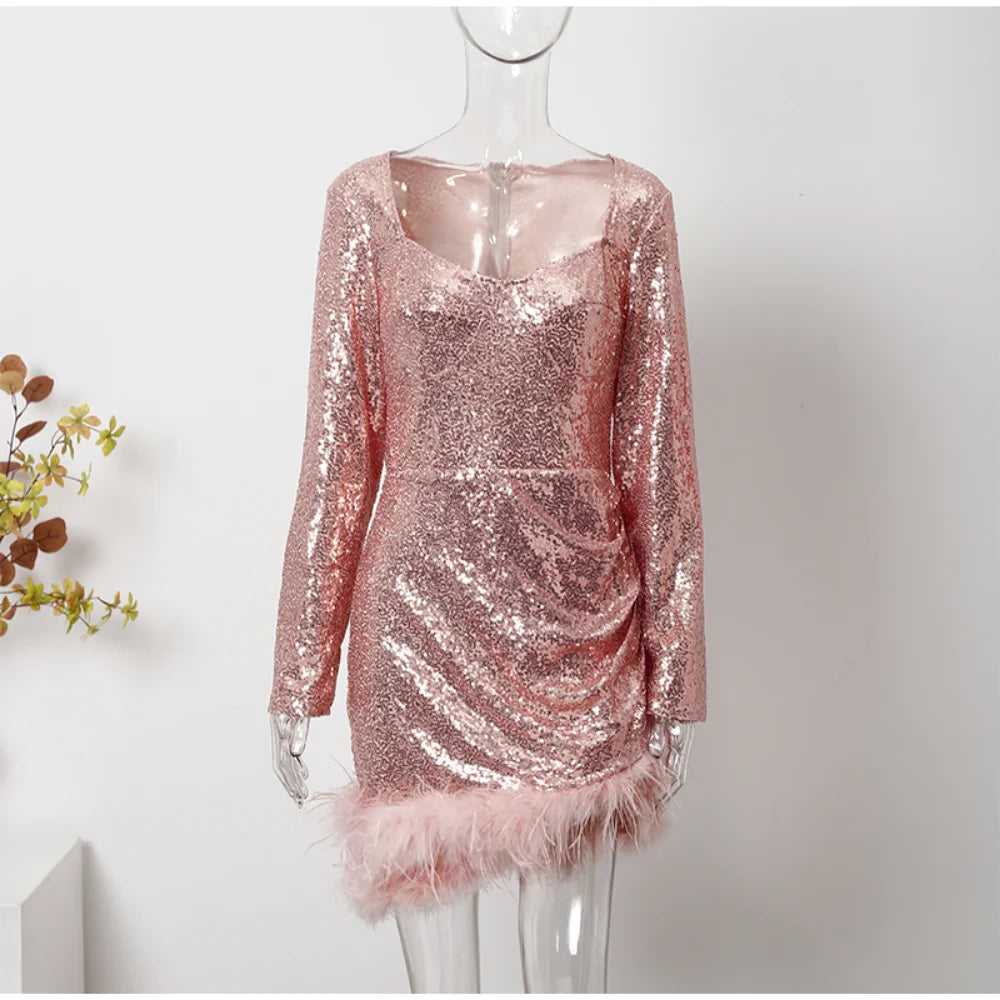 Women Sequin Feather Mini Dress 2023 Sexy Bodycon Evening Party Dresses Long Sleeve Square Collar Sequins Short Club Dress Lady