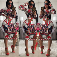 Multicolor Print Novelty Bodycon Sheath Dress Women Summer Long Sleeve Knee-Length Casual Dresses Elegant Slim Midi Robe Femme