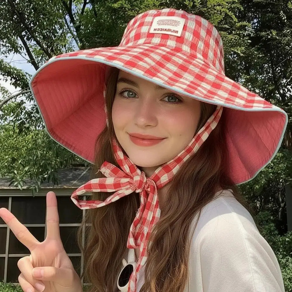 Sun Hats for Women Reversible Plaid Bucket Hat Wide Brim UV Protection Beach Hats Summer Travel Outdoor Foldable Sun Cap Fishing