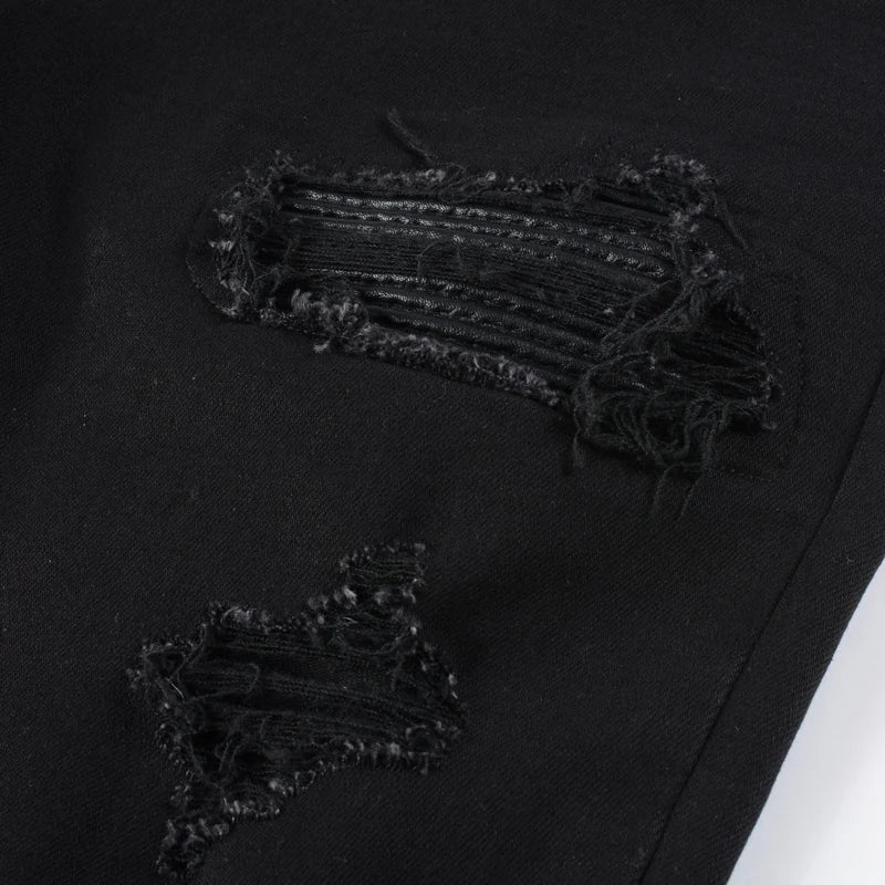 Fashionable new men's jeans, washed, nostalgic, elastic, slim fit, perforated, patchwork patch, black jeans, high street designe