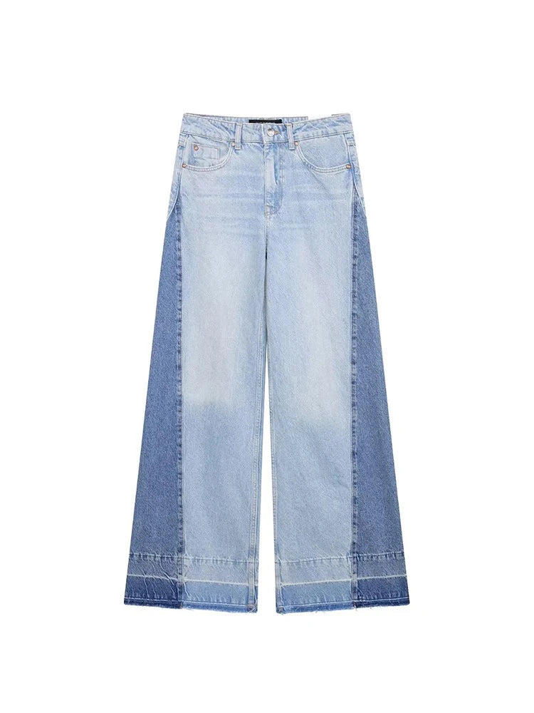 Women's Fashion Vintage Style Contrast Color Splicing High Waist Wide Leg Jeans High Street Casual Versatile Women's Pants