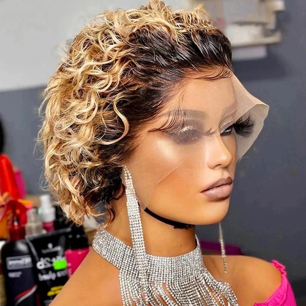 Pixie Curls 100% Human Hair 13x4 Lace Frontal Wigs Pixie Cut Short Bob Human Hair Wig Transparent Lace Front Human Hair Wig