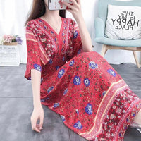 Summer Poplin Dresses Women Round Neck Puff Short Sleeve A Line Print Dresses Ethnic Style Tight High Waist Long Dress 2023