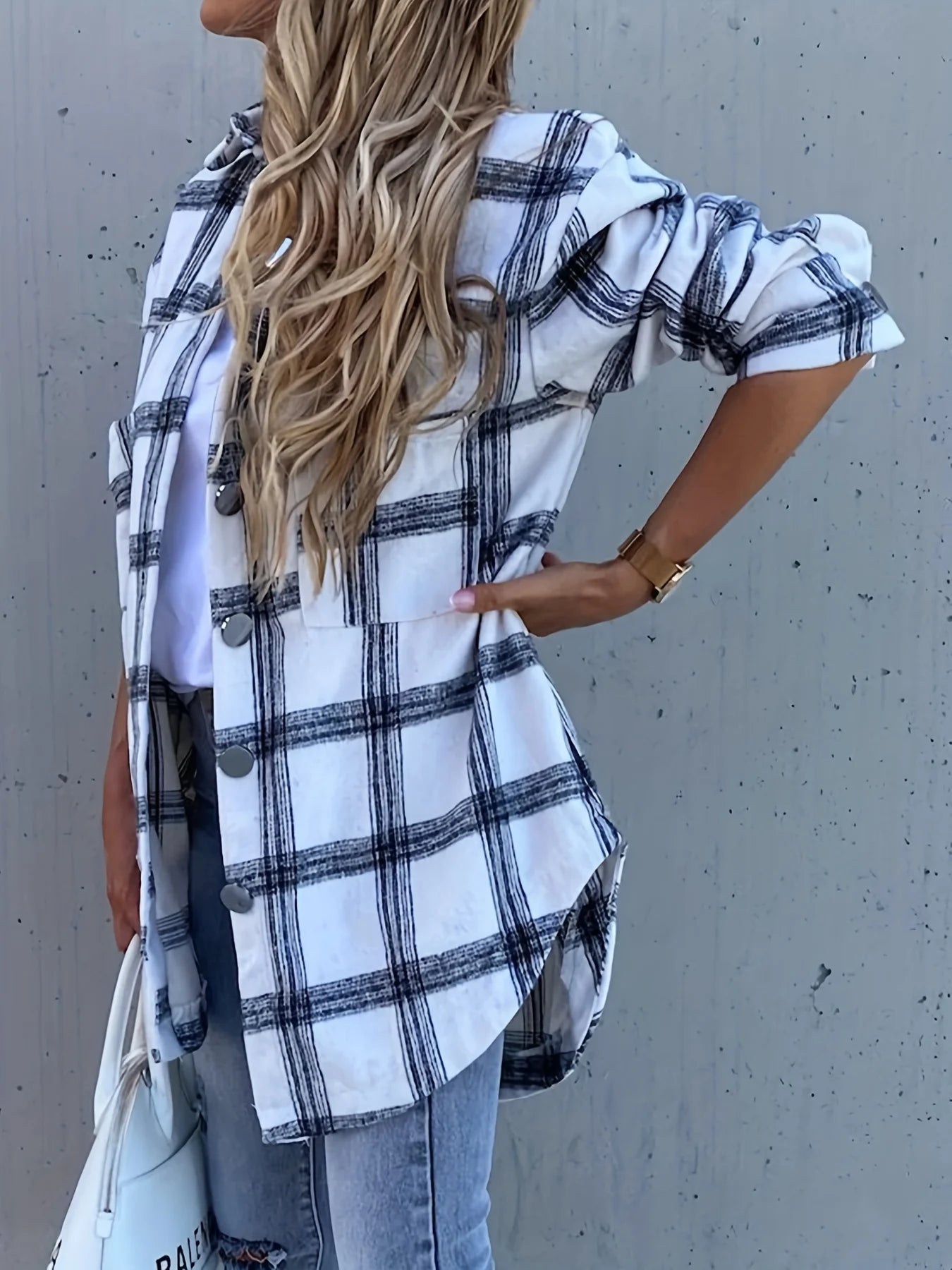 Casual Oversized Plaid Shirt for Women - White and Black Checked Button Up Blouse, Perfect for Fall and Daily Wear