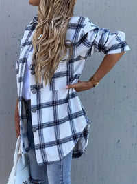 Casual Oversized Plaid Shirt for Women - White and Black Checked Button Up Blouse, Perfect for Fall and Daily Wear