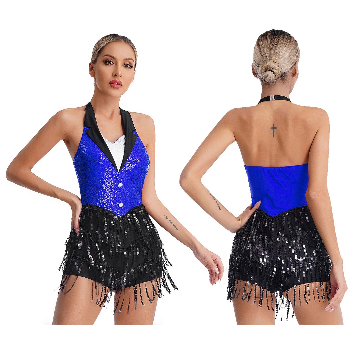Womens Tassel Jazz Latin Dance Leotard Performance Costume Halter Backless Sparkly Sequins Fringe Jumpsuit Sleeveless Dancewear