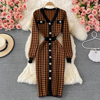 Sexy Elegant Temperament V-neck Hit Color Dress Office Lady Single-breasted Houndstooth Dress