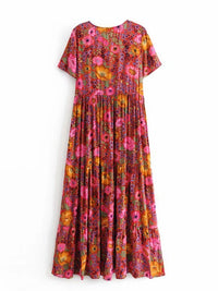 Vintage Chic Women Deep V-neck Red Floral Print Beach Bohemian Maxi Dress Ladies Rayon Cotton Summer Boho Sundress Vestidos