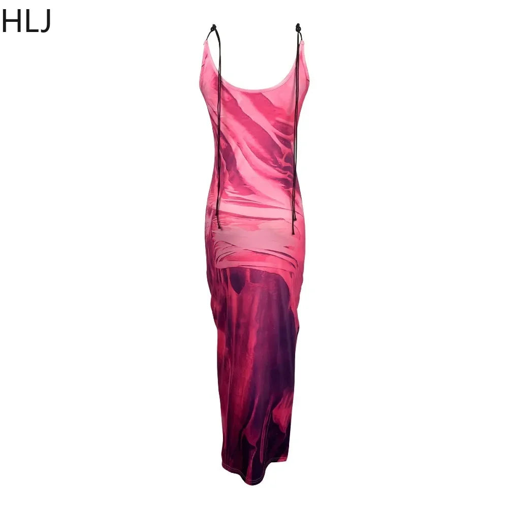 HLJ Fashion Print Bodycon Lace Up Suspended Dress Women Thin Strap Sleeveless Slim Mid Dresses Female Party Club Vestidos 2023