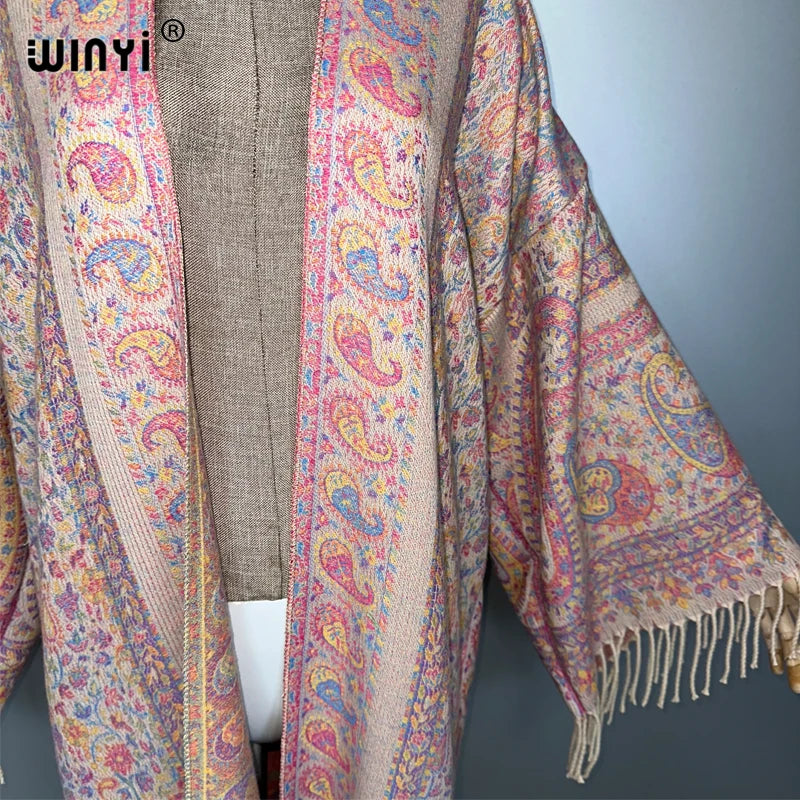WINYI print tassel winter long cardigan African women winter kimono OverCoat abaya muslim dubai luxury Open Front party dress
