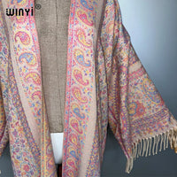 WINYI print tassel winter long cardigan African women winter kimono OverCoat abaya muslim dubai luxury Open Front party dress