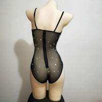 Sparkly Silver Crystals Leotard Sexy Mesh Club Outfit Celebrate Female Singer Dj Rhinestones Bodysuit Dance Costume Stage Wear