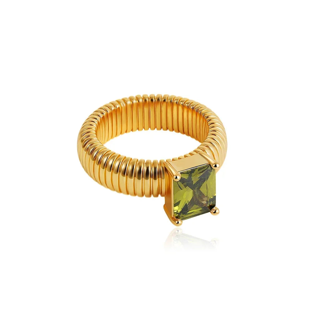 18K Gold Plated Waterproof Multi-color Crystal Chunky Striped Texture Rings Delicate Shiny Square Zircon Wed Ring Punk Jewelry
