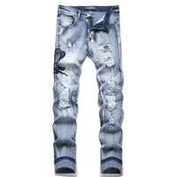 Blue Eyed Snake Embroidery Street Style Jeans For Teenagers Elastic Waist Cotton Material Casual Scene Suitable