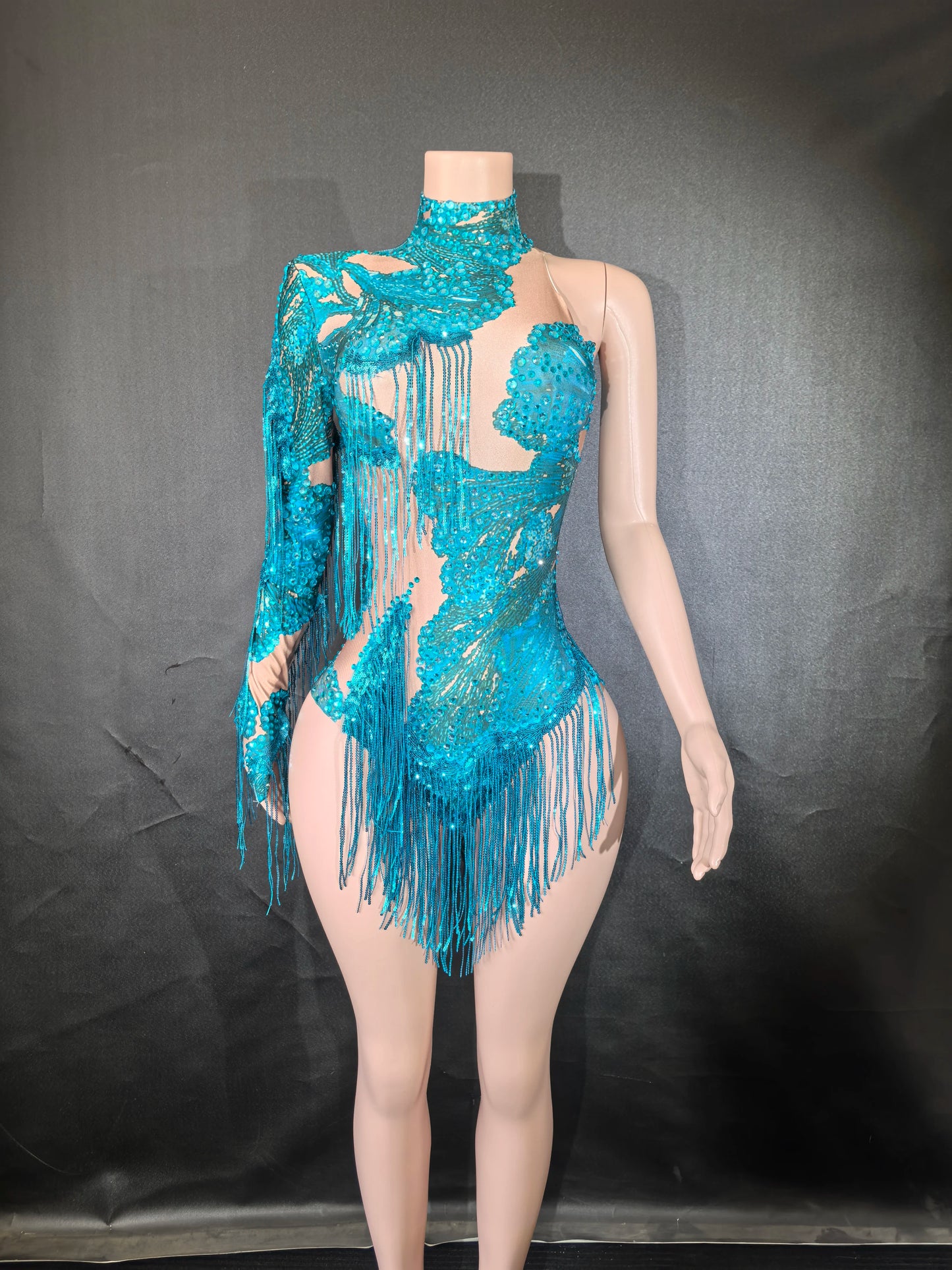 Sexy Skinny Leotard Singer Dancer Show StageWear Sparkly Blue Rhinestones Women DanceCostume Fringes One Shoulder Bodysuit  7G