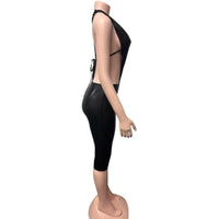 Weird Puss Sexy Women 2 Piece Set Halter Silky Hollow Sexy Backless Sleeveless Bodysuit+Bike Shorts Midnight Matching Clubwear