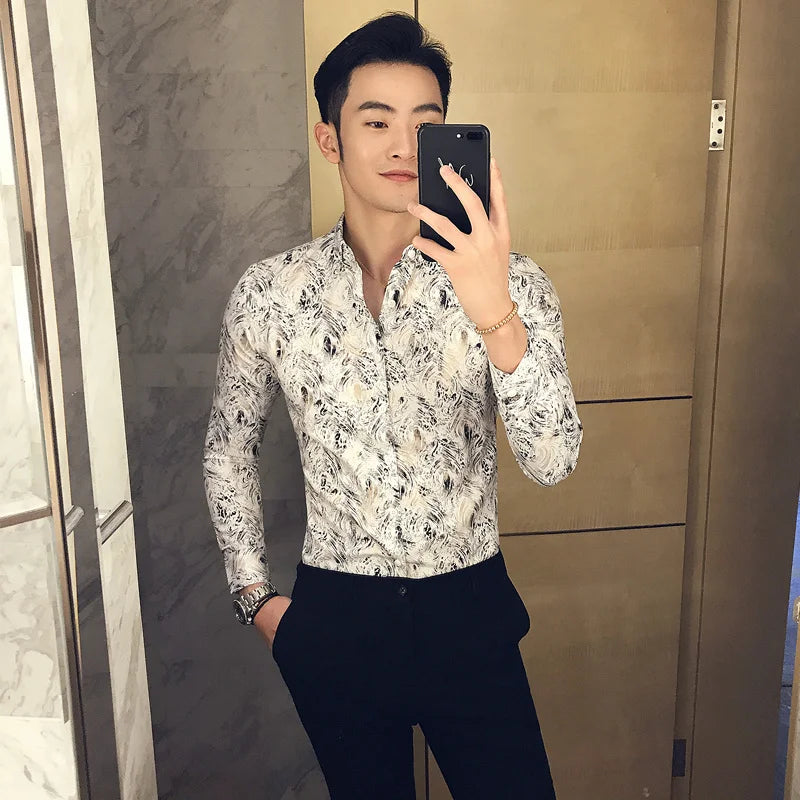 Metallic Gold Shirt Men 2017 Autumn Printed Gold White Shirt Slim Fit Men Dress Shirt Party Wedding Club Shirt Camisa Masculina