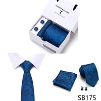 High Quality 7.5 cm Stripe Blue Tie Pocket Square Cufflinks Set For Men Gift Box Wedding Gravatas Fit Workplace