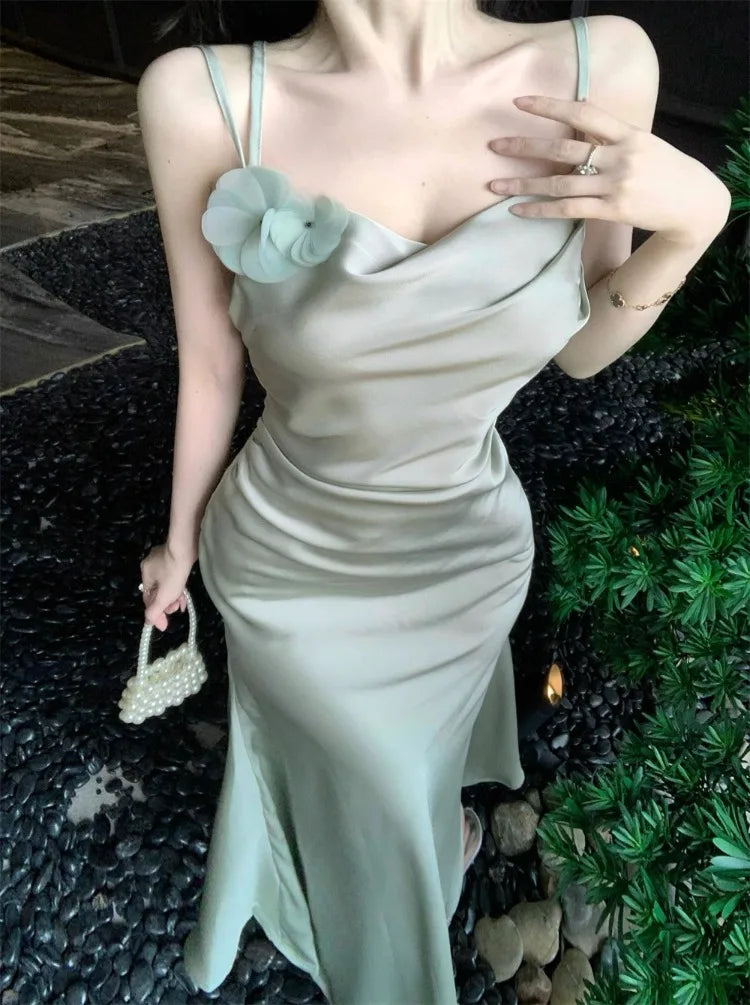 Ezgaga Dresses Women Flowers Sleeveless Swinging Collar Backless Slim French Style Party Mermaid Dress Temperament Elegant Sexy