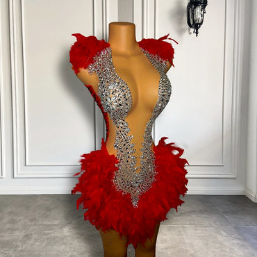 Sexy See Through Women Birthday Party Formal Gowns Sheer Luxury Rhinestones Red Feather Black Girls Short Prom Dresses 2023