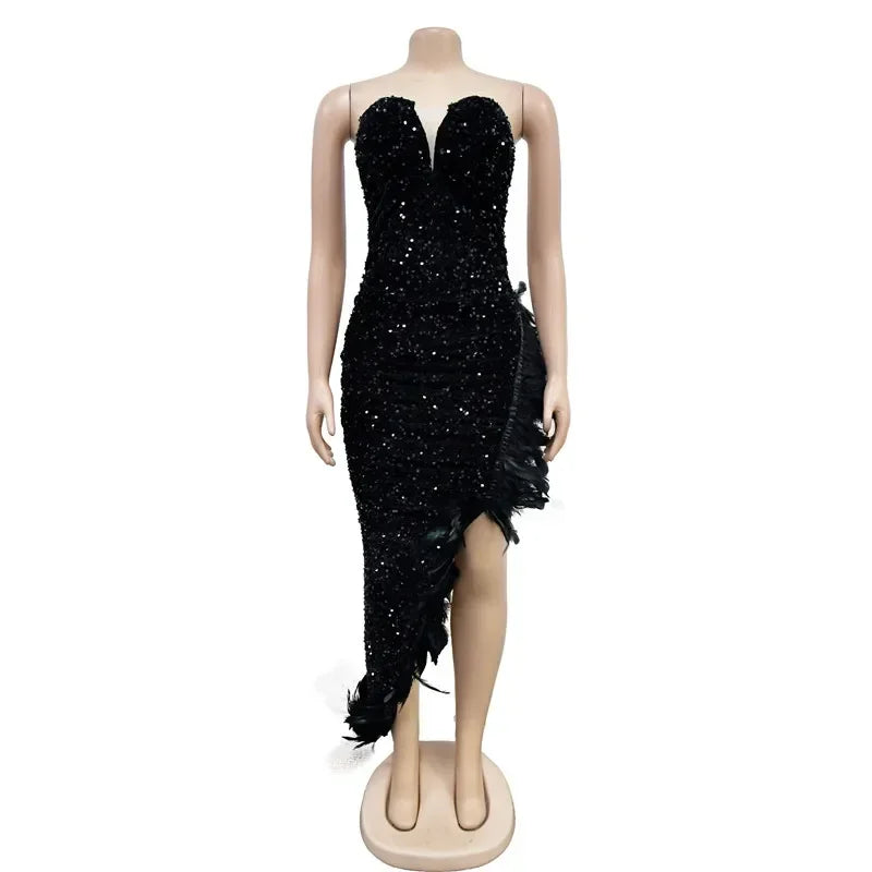 Black Summer Women Strapless Sleeveless Bodycon Sexy Glam Sequins Dress Feather Irregular Bling Long Night Club Party Dresses