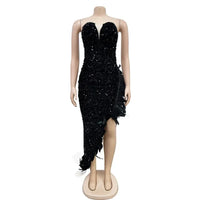 Black Summer Women Strapless Sleeveless Bodycon Sexy Glam Sequins Dress Feather Irregular Bling Long Night Club Party Dresses