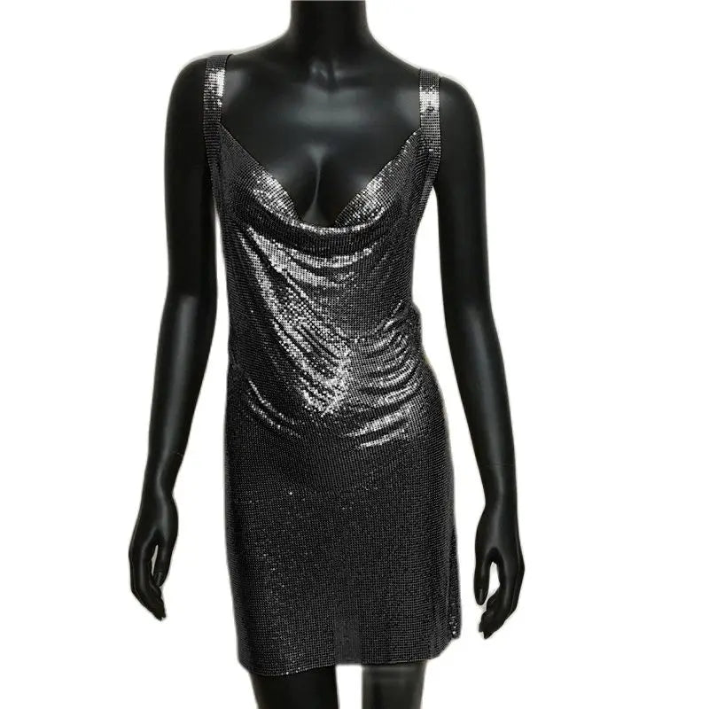 Sexy Metallic Sequin Mini Dress For Women Backless Cocktail Club Glitter Low Cut Halter Dress Rave Party Nightclub Dresses