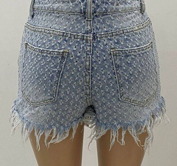 Women Sexy Fashion Ripped Tassel High Waist Denim Shorts