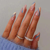 24Pcs Long Round Head Black Glod Line Press On Nail Art Removable Fake Nails With Glue Full Cover Waterproof False Nails