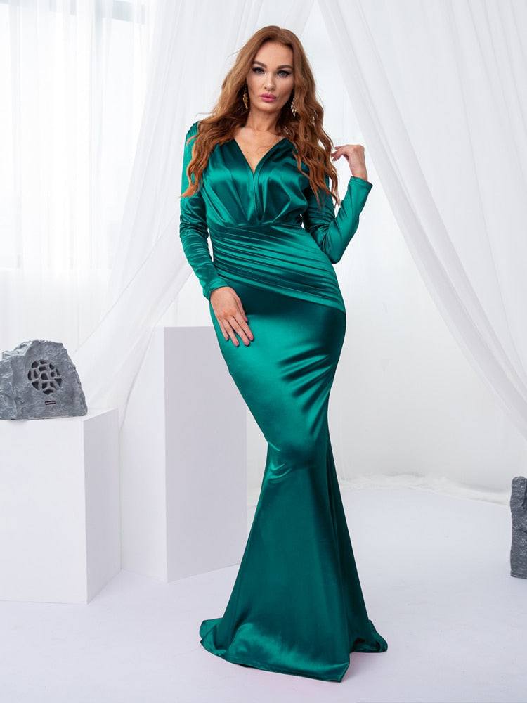 Deep V Neck Full Sleeved Pleated Long Evening Party Dress Stretch Satin Floor Length Event Gown Prom Robe