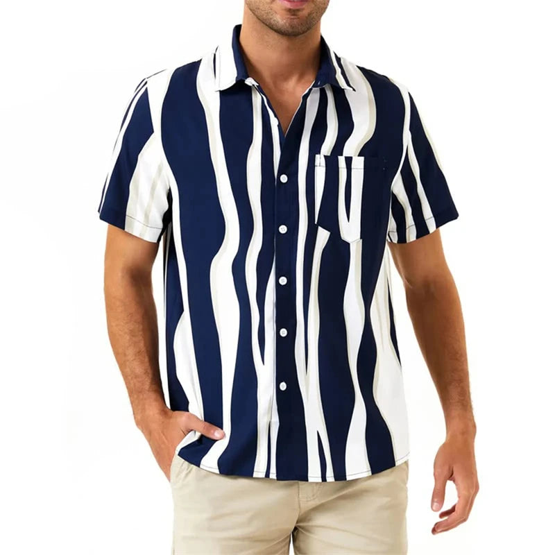 New Men's Shirts Fashion Stripes Print Short-sleeved Tees Summer Tops Men Turn-down Collar Button Casual T-shirt Clothing