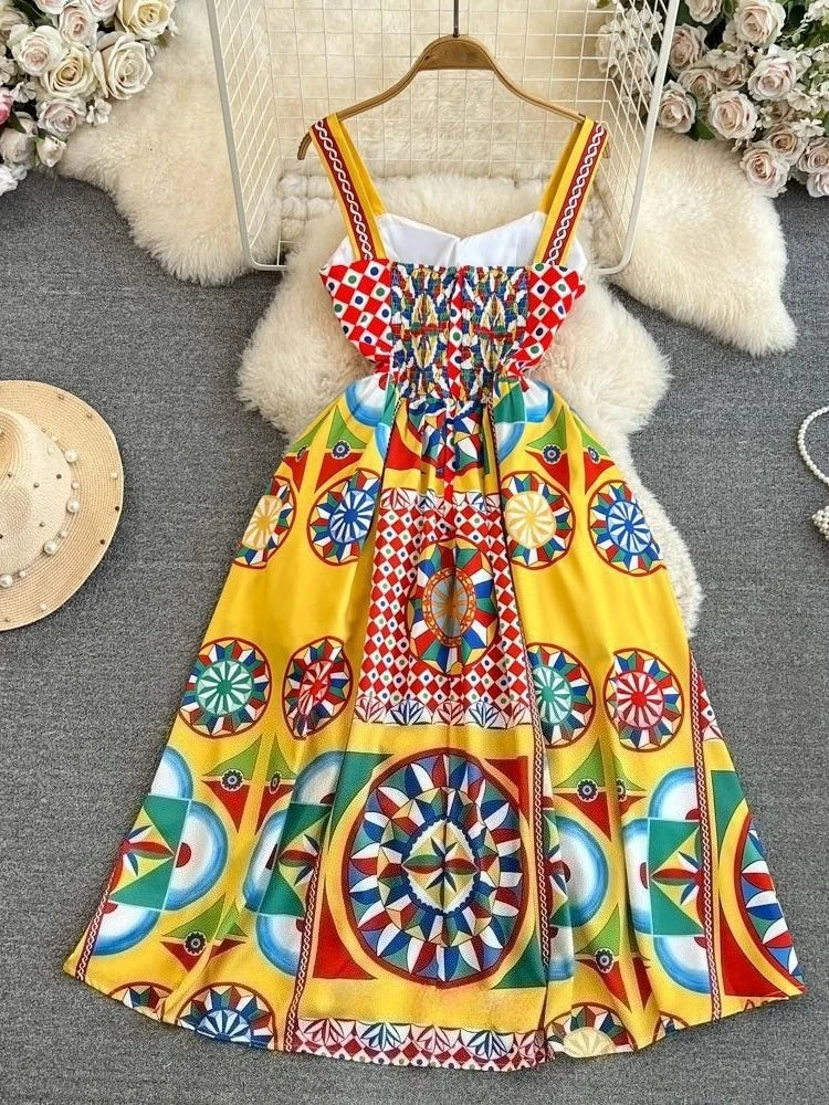 Dress Women Long Dresses Sling Strapless Sleeveless Print Floral A Line Vestidos Streetwear Elegant Splice Y2k High Waist Party