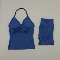 2 Pieces Sports Set Women Backless Halter Tops Fitness Tank Top High Waist Seamless High Stretch Shorts Gym Workout Sets