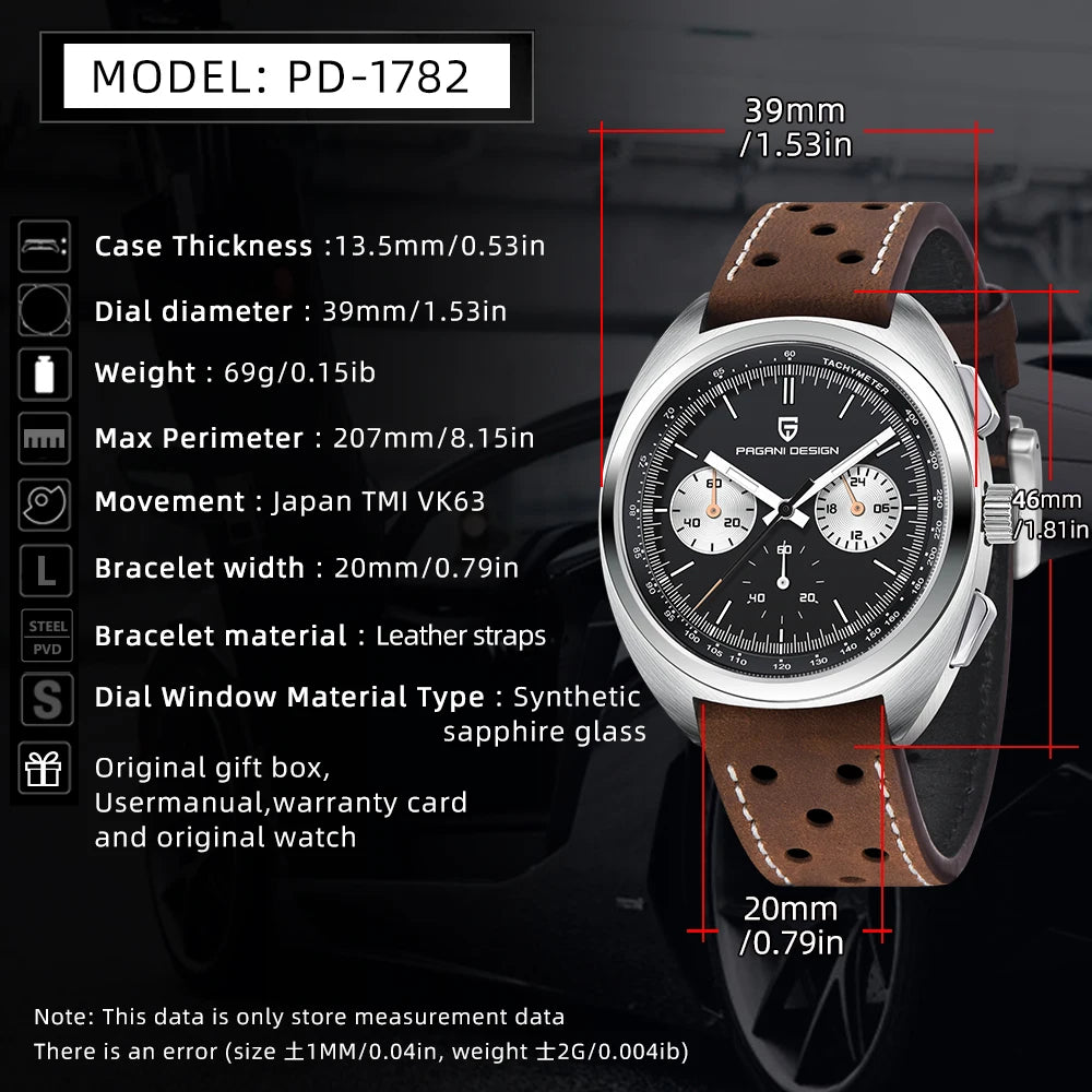 PAGANI DESIGN 2024 Retro Luxury Men's Watches Sports Chronograph VK63 Quartz Watch For Men AR Sapphire Waterproof Leather Clock