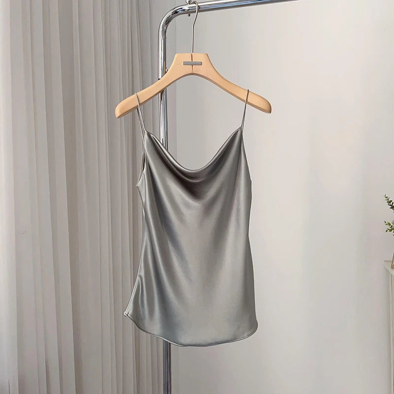 Ele Satin Acetate ter Dr Women's Smooth Glossy Tee-Vein Neline Strapl Midi Skirt Four Colors Available