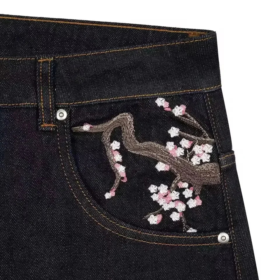 Hip Hop Cherry Blossom Embroidered Jeans Vintage Low Waist Wide Leg Trousers Y2K Clothes Mens Womes Embroidered Baggy Jeans