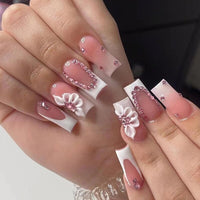 24pcs False Nails with glue flower design Long Coffin French Ballerina Fake Nails Full Cover acrylic Nail