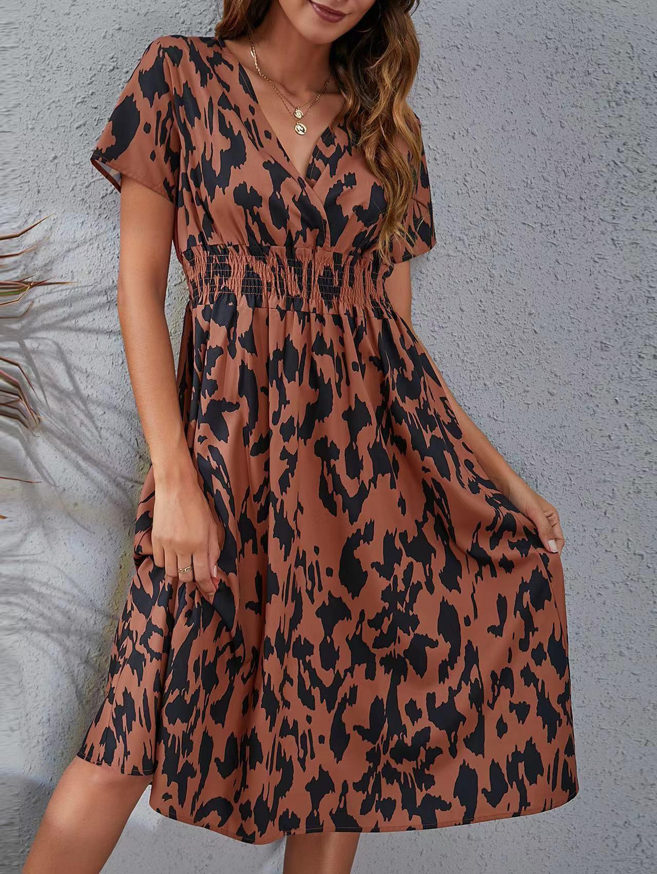 White Floral Printing Summer Chiffon Beach Dress 2022 Casual V-neck Short Sleeve A-line Women Midi Dresses Vestidos