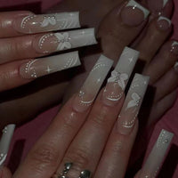 24pcs False Nails with glue flower design Long Coffin French Ballerina Fake Nails Full Cover acrylic Nail