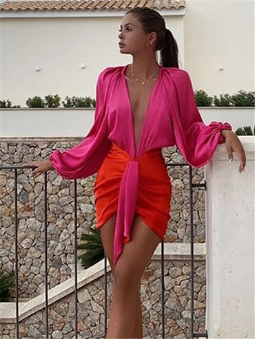 Articat Sexy Deep V-neck Satin Two Piece Set Women Long Sleeve Top Short Skirt Sets Matching Casual Partywear Winter Women Set