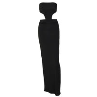 066 Women Design Black Evening Dress Strapless Hollow Slit Floor-length Dress