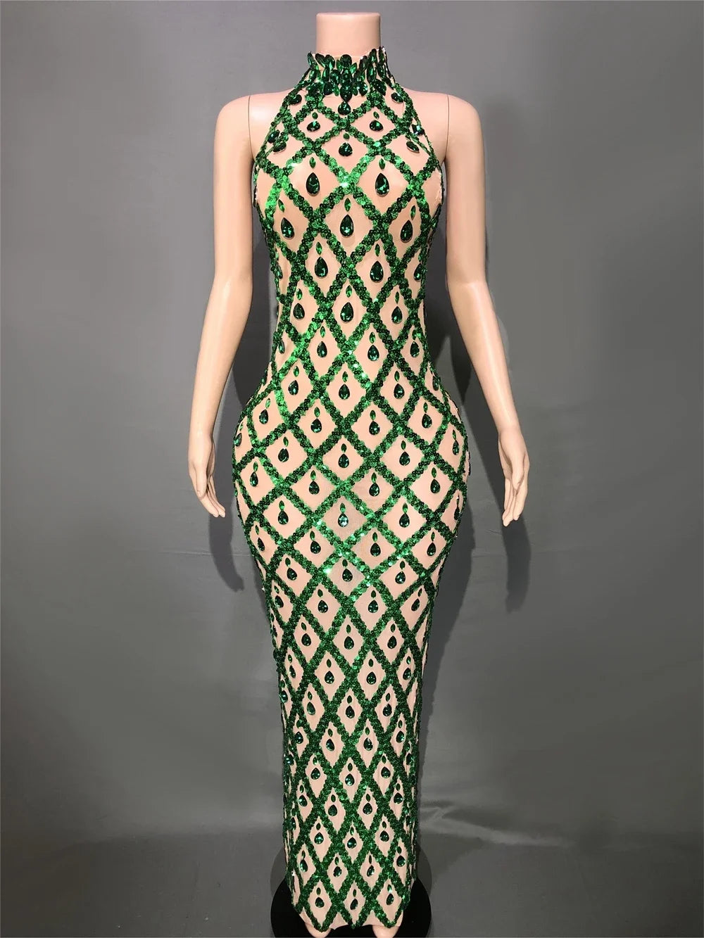 Sparkly Rhinestones Sleeveless Long Dress Elegant Dark Mesh Celebrate Evening Wedding Prom Gown Birthday Dress Photograph Wear