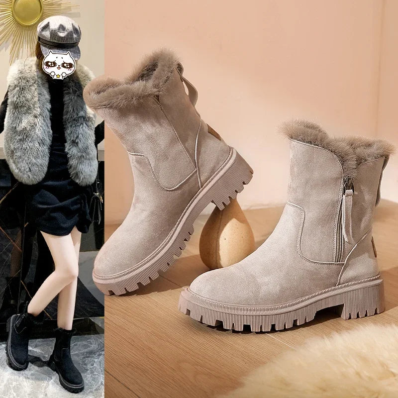 Snow Boots Women 2023 Winter Warm Fashion Designer Platform Boots Gladiator Non-slip Short Plush Flats Suede Shoes Mujer