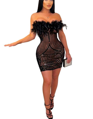 Women Sexy Club Party Night Feather Strapless Birthday Dresses Elegant Backless Mesh