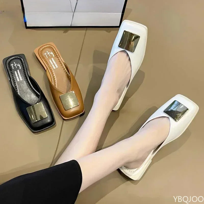 Brand Designer Women Slippers Fashion Metal Buckle Mules Flat Heels Square Toe Shallow Shoes Outdoor Slide Female Casual Sandal